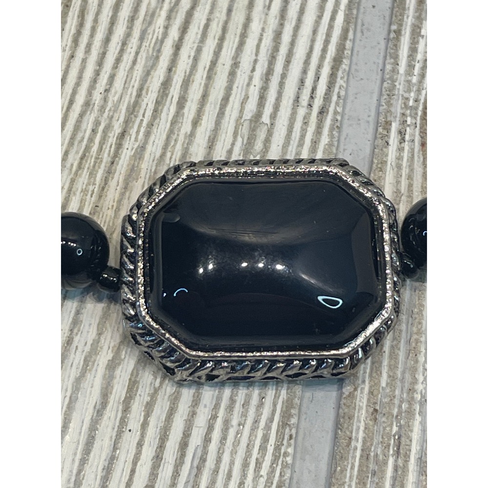VTG Style Silver Tone Black Cabochon Stretch Bracelet Floral Scrollwork Heart
